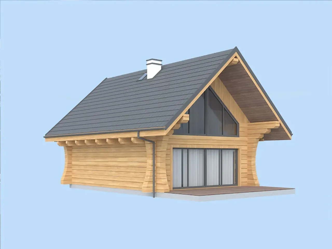 Nowoczesny mały dom z drewna, z dużymi oknami i tarasem. Zastanawiasz się, ile kosztuje budowa małego domu z drewna?