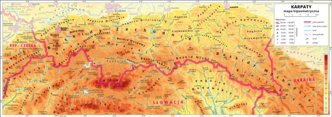 Mapa pasm górskich granica Polska Słowacja