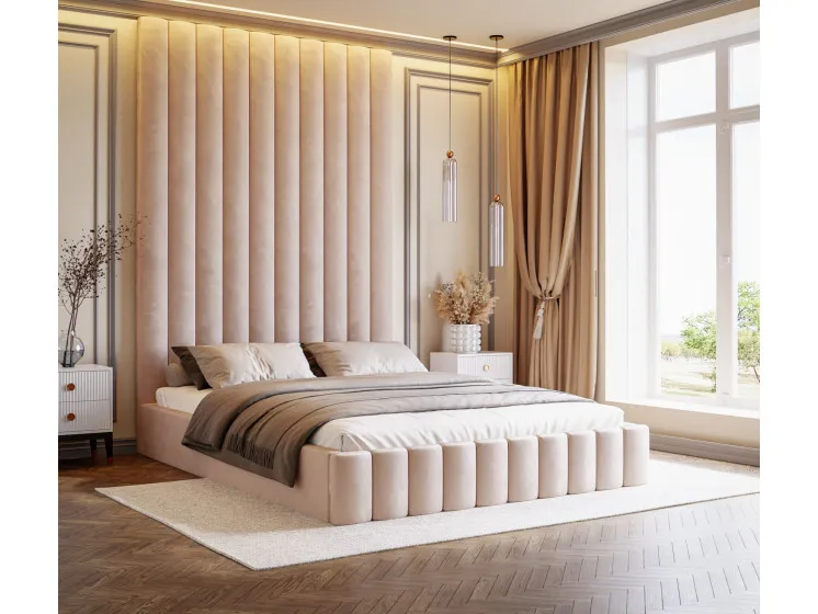 nowoczesna sypialnia z panelami tapicerowanymi za ł&oacute;żkiem