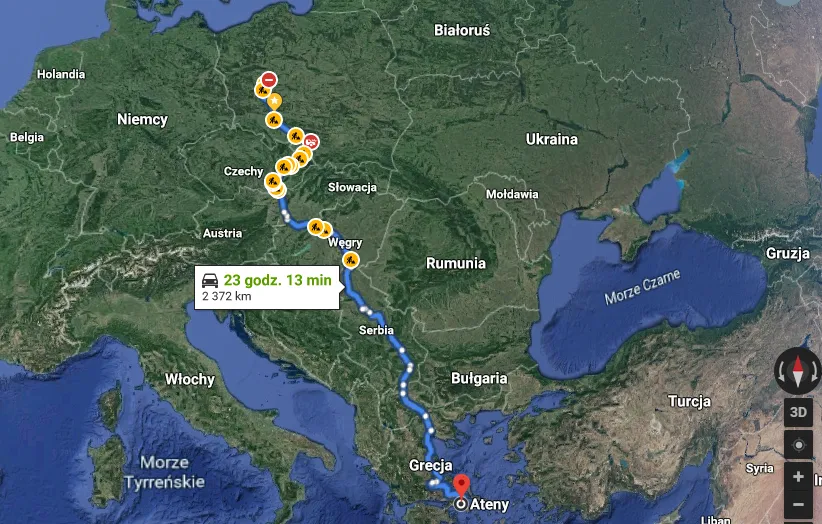Mapa trasy Polska Grecja przez Serbię