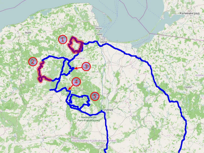 Mapa trasy motocyklowej Kaszuby Droga Kaszubska