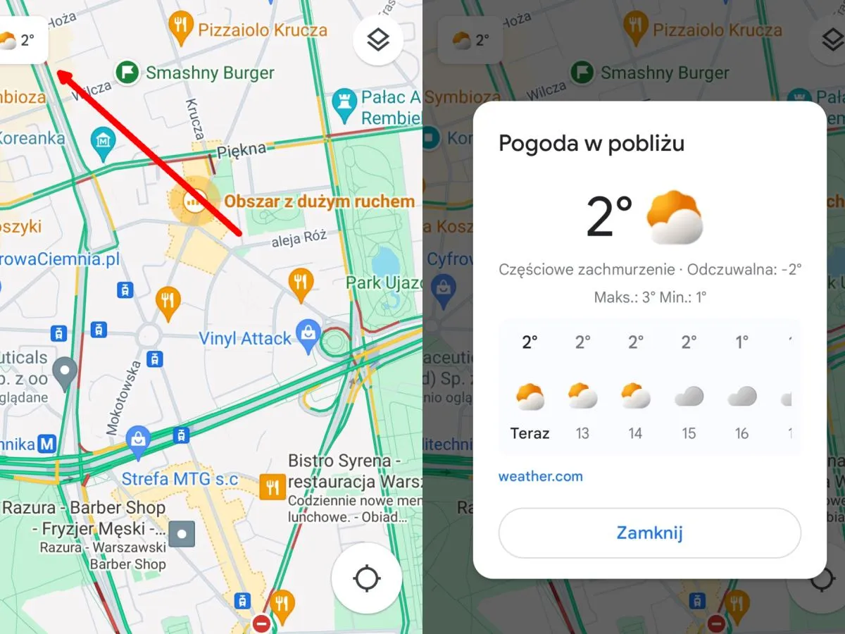 Mapa z pinezką lokalizacji i ikonami pogody