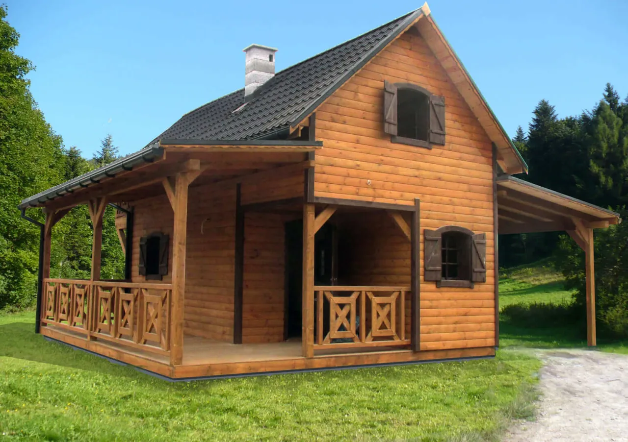 Solidny, drewniany domek letniskowy na trawie. Jaki fundament pod domek letniskowy drewniany? Ten przykład pokazuje solidną, drewnianą konstrukcję.