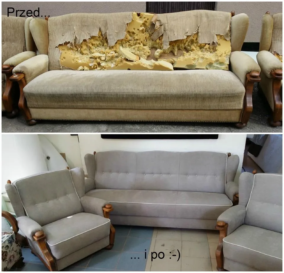 odnowiona kanapa przed i po