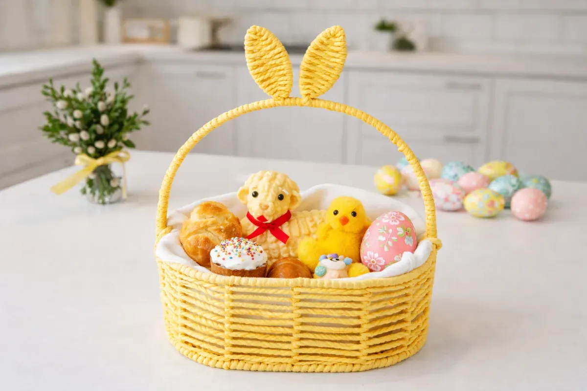 Ż&oacute;łty koszyczek wielkanocny z zajączkiem, kurczaczkiem, babeczką i jajkiem. Idealny pomysł co do koszyczka wielkanocnego dla dziecka.