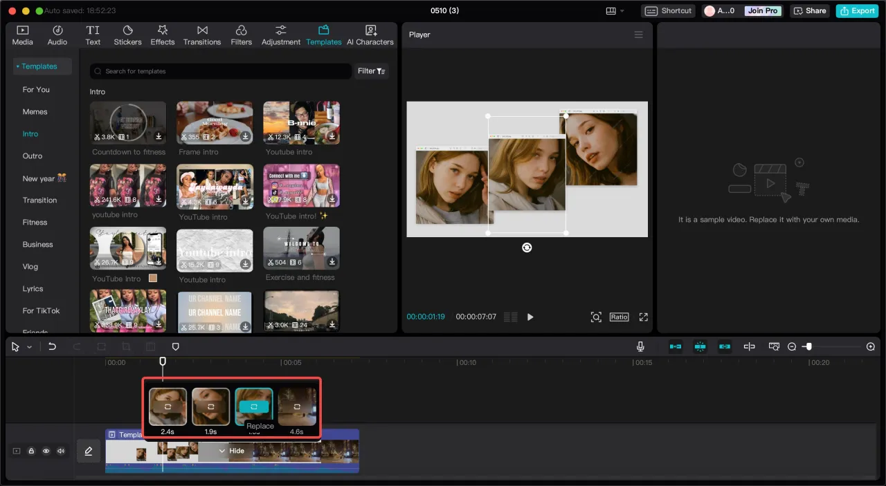 interfejs capcut szablony