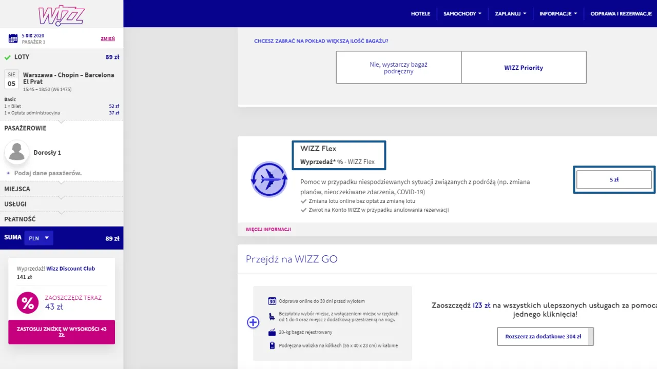 Strona Wizz Air pokazuje opcje zmiany lotu. Możesz wybrać WIZZ Flex, aby ułatwić sobie jak przelozyc lot w Wizzair.