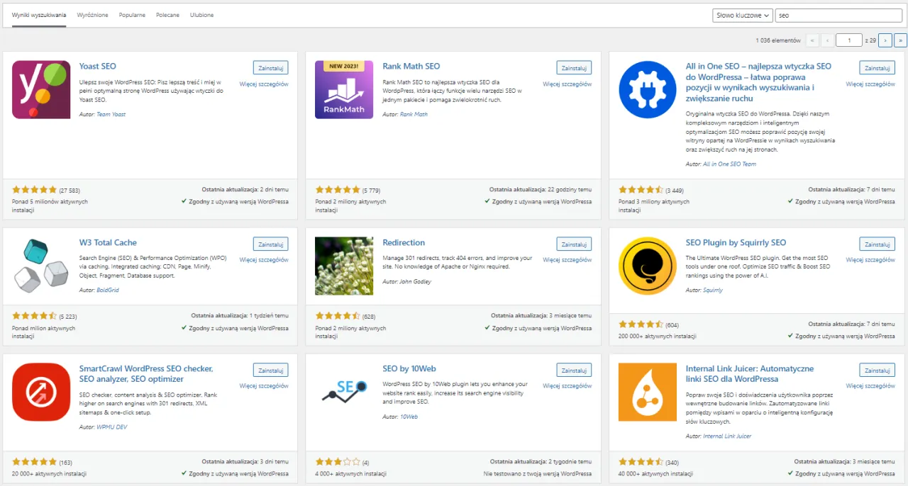 Wtyczki SEO dla WordPressa: Yoast, Rank Math, All in One SEO. Pomagają w optymalizacji strony, by łatwiej było założyć stronę na WordPressie i zwiększyć ruch.