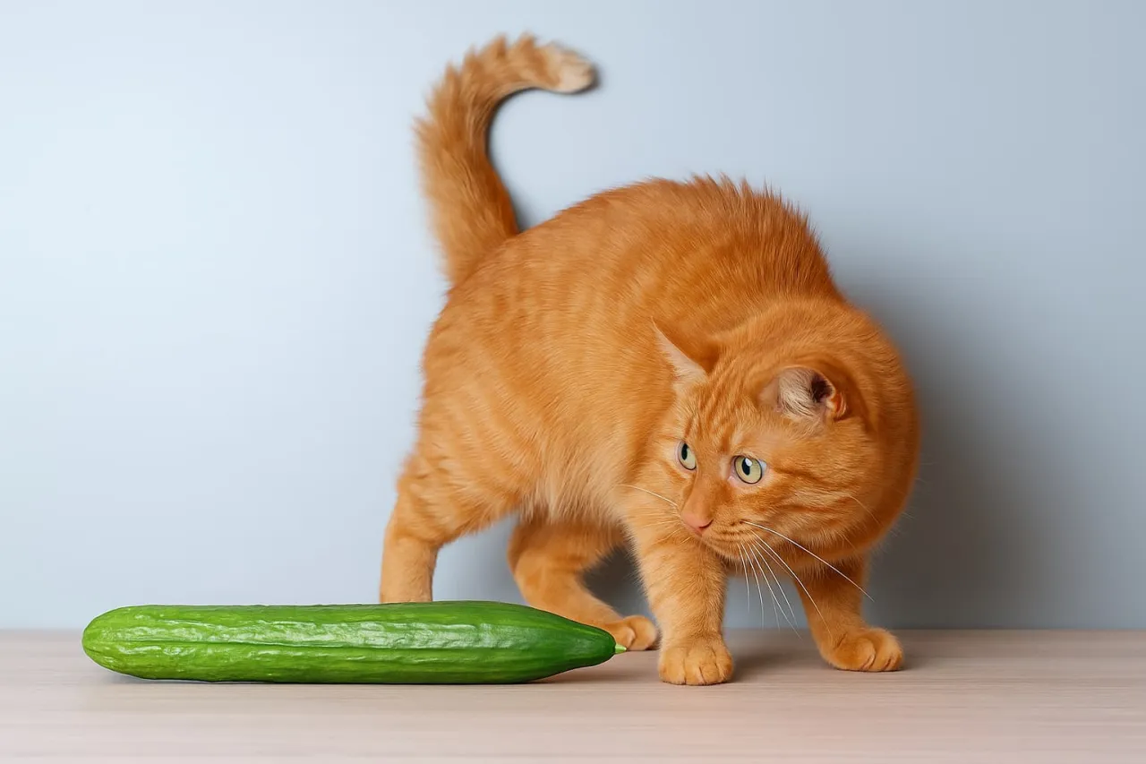 Rudy kot z zaciekawieniem przygląda się ogórkowi. Czy koty mogą jeść ogórki? Ten kot chyba jeszcze nie wie.