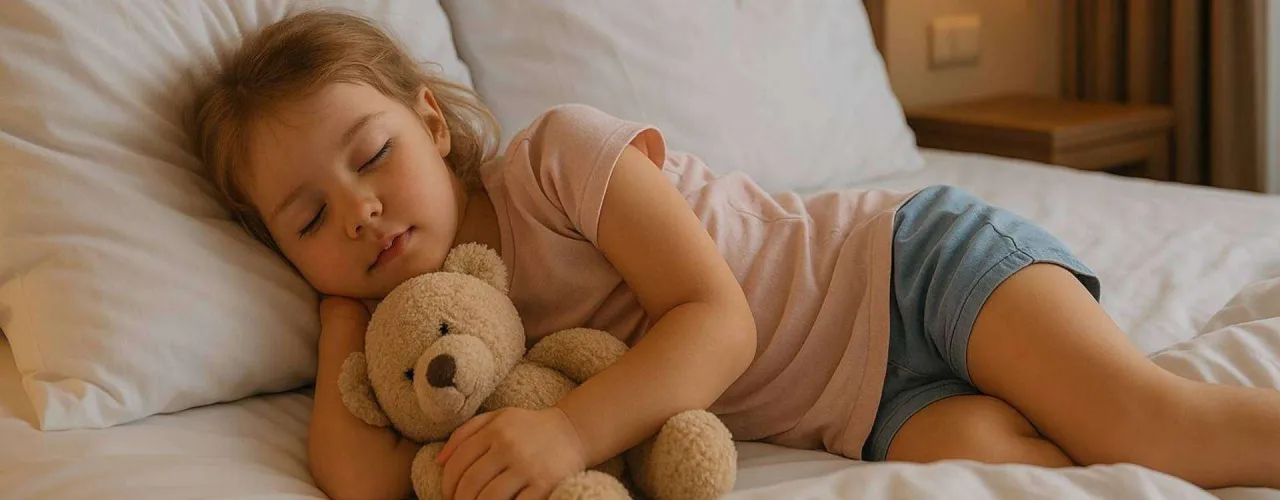 Szczęśliwe dziecko śpiące w łóżku, spokojny sen dziecka