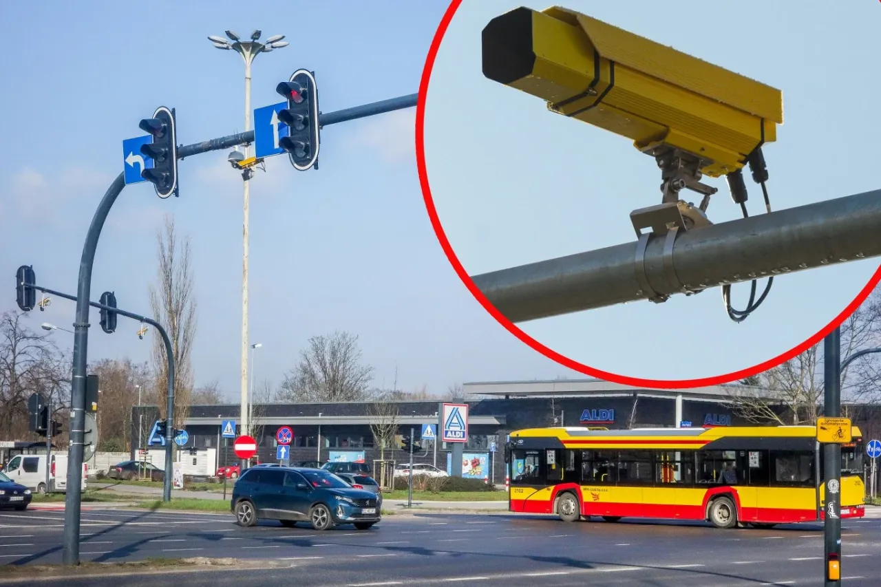 Ż&oacute;łta kamera monitoruje ruch na skrzyżowaniu, rejestrując r&oacute;żne rodzaje naruszeń.