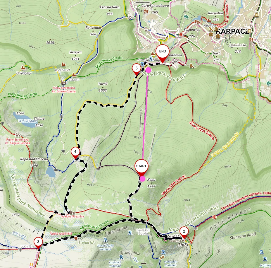 Mapa zimowych szlak&oacute;w na Śnieżkę