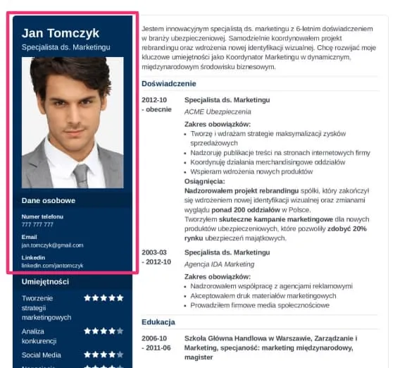 przykłady nagłówków cv