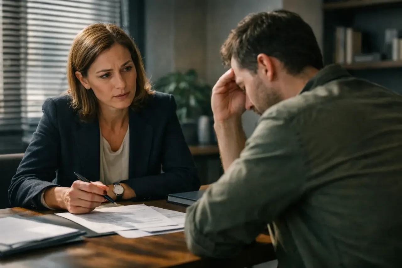 Kobieta w garniturze wyjaśnia mężczyźnie, czy w testamencie można zapisać mieszkanie. Mężczyzna wygląda na zamyślonego.