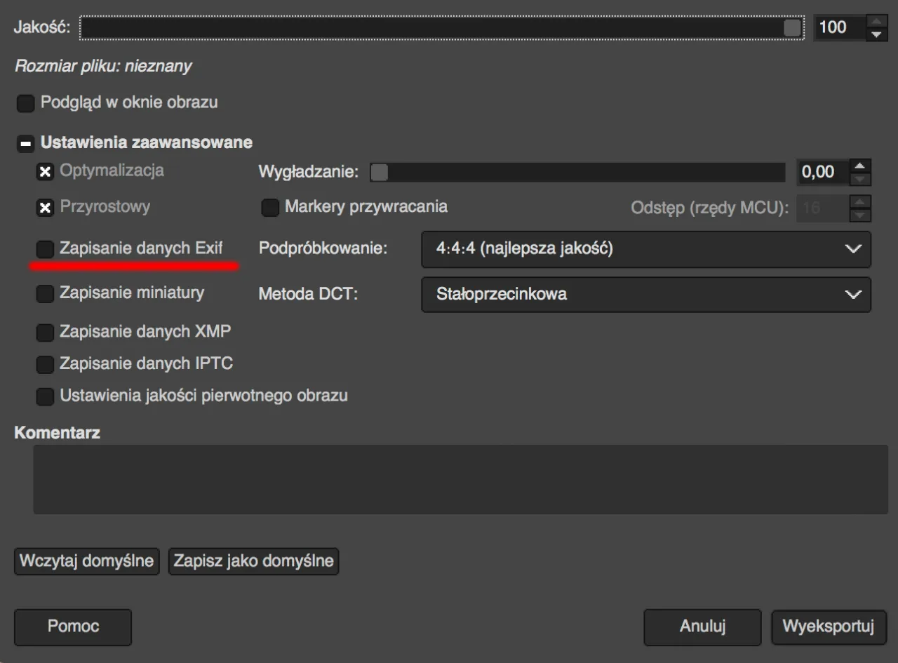 Metadane EXIF zdjęcia widok właściwości