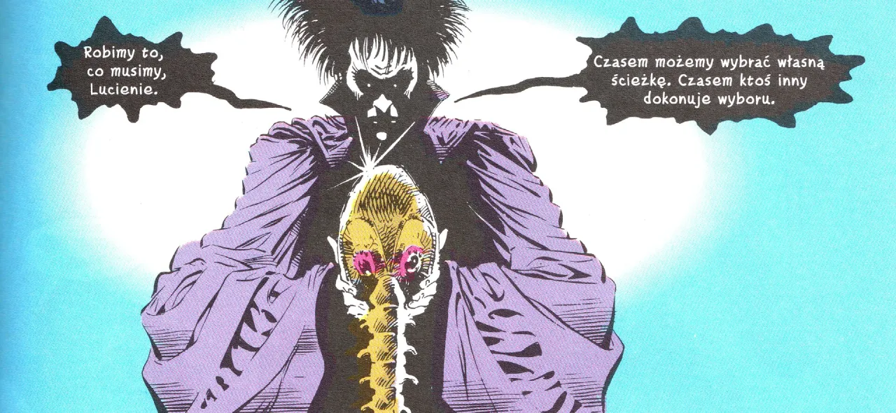 Postać z komiksu w fioletowej szacie, z mrocznym obliczem i błyszczącym obiektem w dłoniach. Dymki z tekstem: 