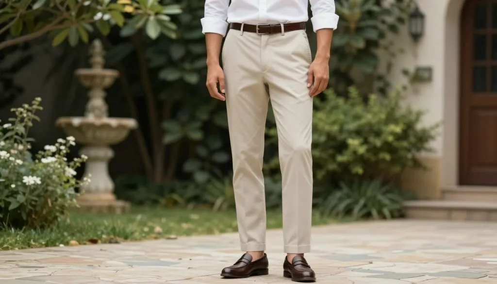 Mężczyzna w marynarce i chinosach na weselu w plenerze