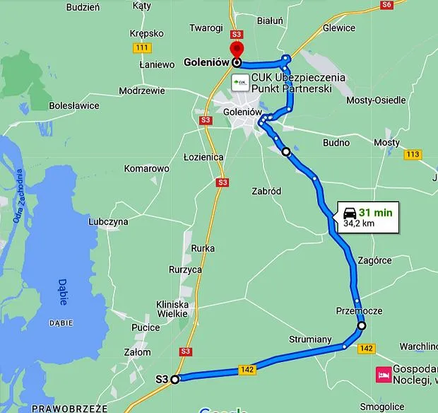 Mapa dojazdu Szczecin Świnoujście