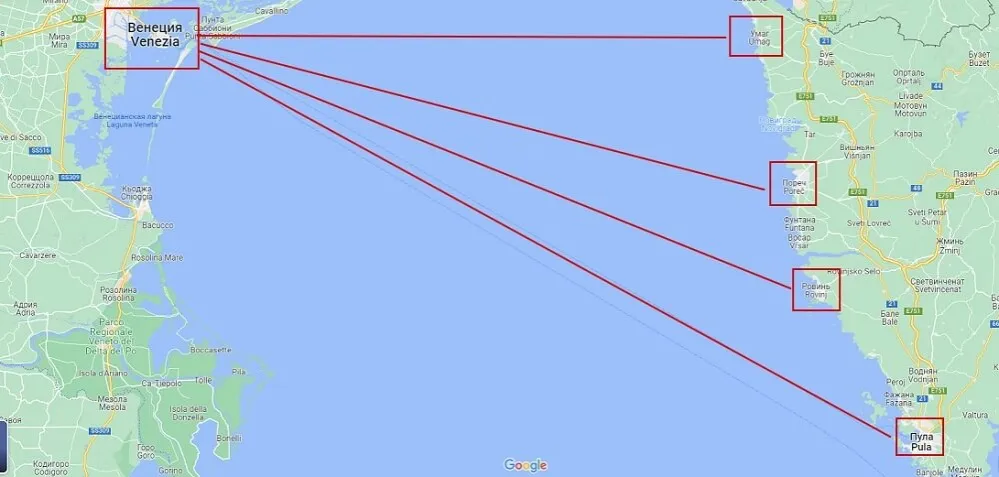 Mapa połączeń promowych Chorwacja Wenecja