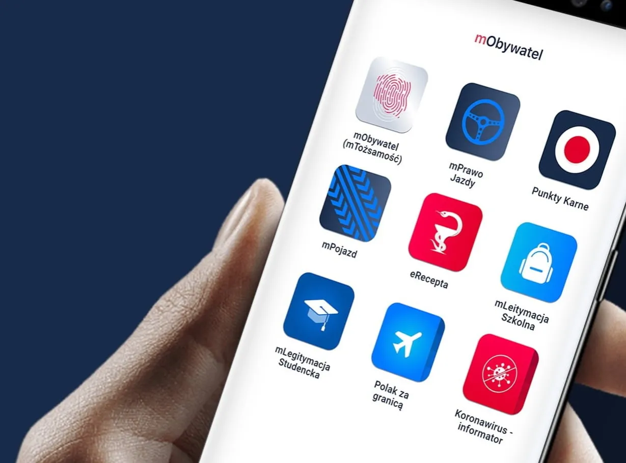 Ekran telefonu z aplikacjami mObywatel: mTożsamość, mPrawo Jazdy, Punkty Karne, mPojazd, eRecepta, mLegitymacja Szkolna, mLegitymacja Studencka, Polak za granicą, Koronawirus - informator. Dowiedz się, jak zaktualizować mObywatel.