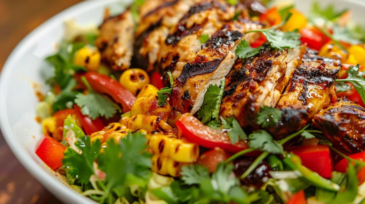 Zdjęcie Sałatka z kurczakiem, papryka, kukurydzą i sosem curry