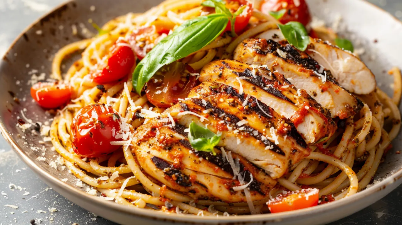 Zdjęcie Pesto czerwone z makaronem spaghetti, kurczakiem i pomidorami