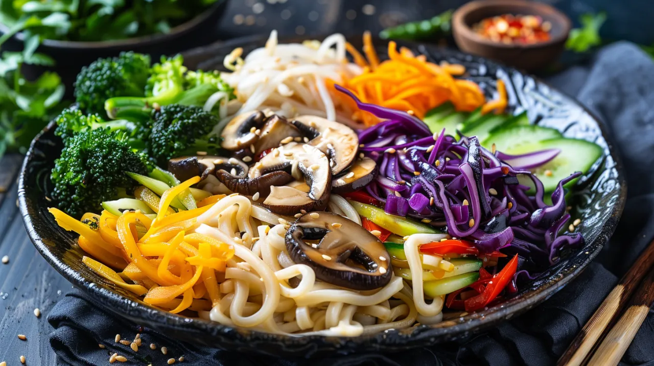 Zdjęcie Makaron udon z warzywami, grzybami mun, sosem sojowym i chili