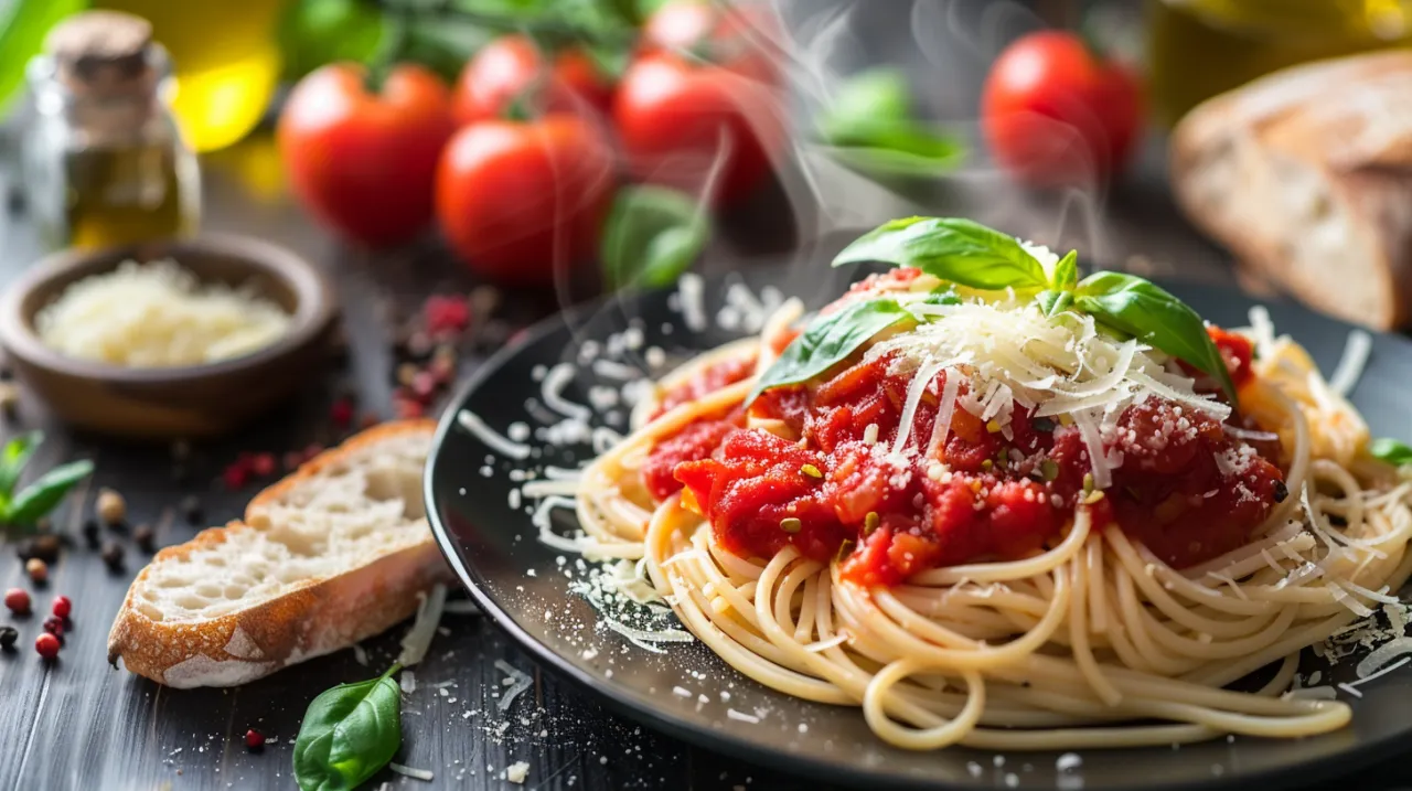 Zdjęcie Makaron z sosem pomidorowym, parmezanem, bazylią i oliwą z oliwek