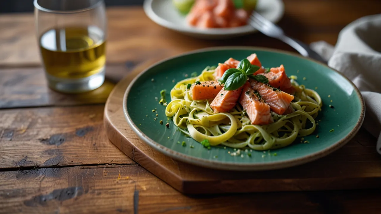 Zdjęcie Makaron z łososiem i pesto: Przepis na smaczny obiad z makaronem