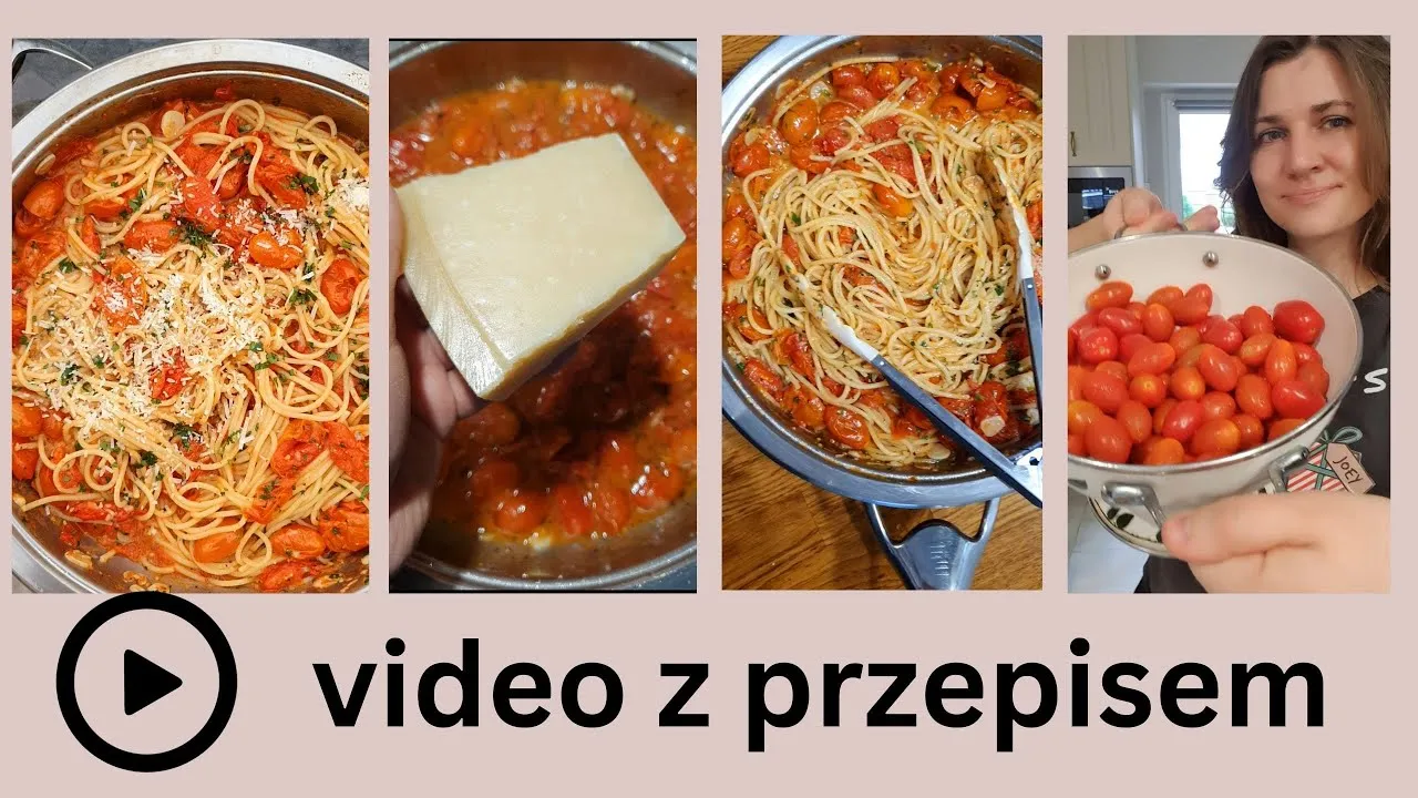 Zdjęcie Pyszne spaghetti z czosnkiem, oliwą i pomidorkami koktajlowymi w 15 minut