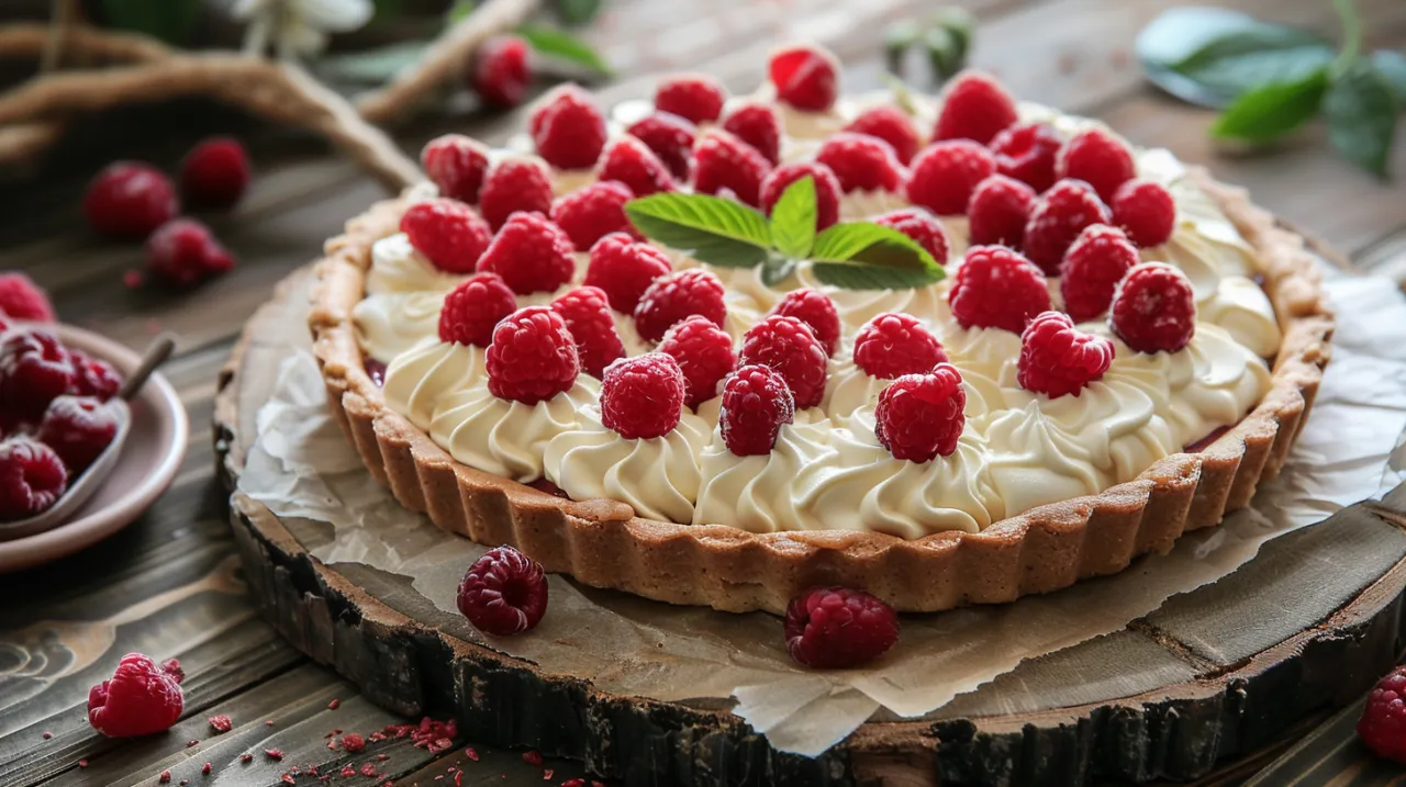 Zdjęcie Tarta z białą czekoladą, malinami i bezą