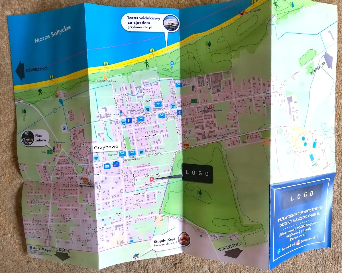 Zdjęcie Mapa Grzybowa z zaznaczonymi noclegami i atrakcjami nad morzem