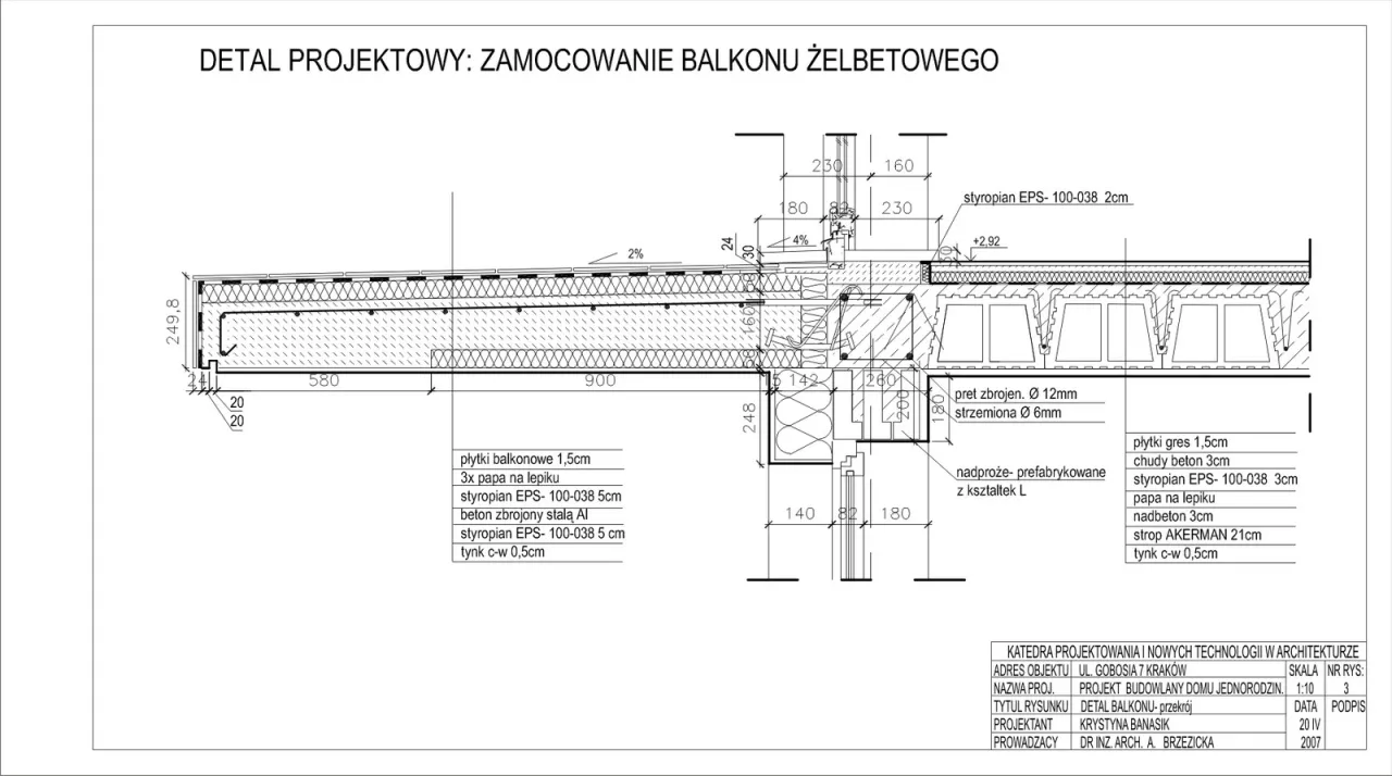 Zdjęcie Zbrojenie balkonu: Kompletny rysunek techniczny z opisem