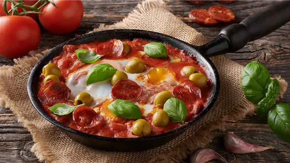 Szakszuka z chorizo i oliwkami