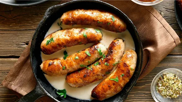 Pieczona biała kiełbasa w sosie chrzanowym