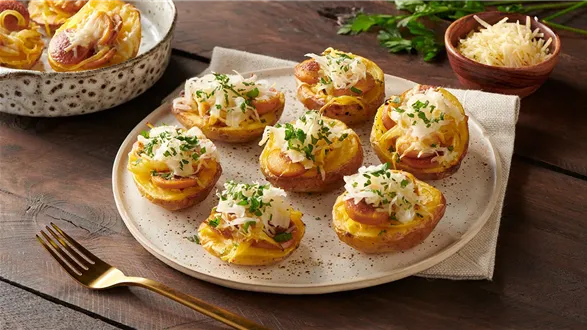 Ziemniaczki zapiekane kiełbasą w sosie curry