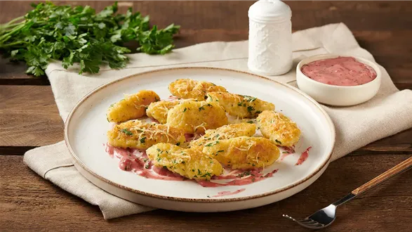 Haluszki z wędzonymi serkami i sosem żurawinowym