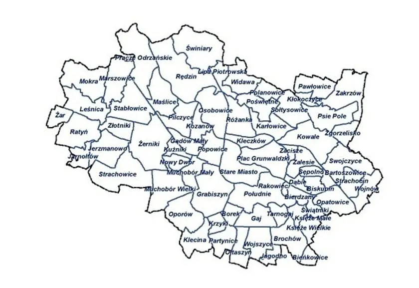 Mapa dzielnic Wrocławia z ulicami - Dzielnice Wrocławia / Wrocław mapa dzielnic