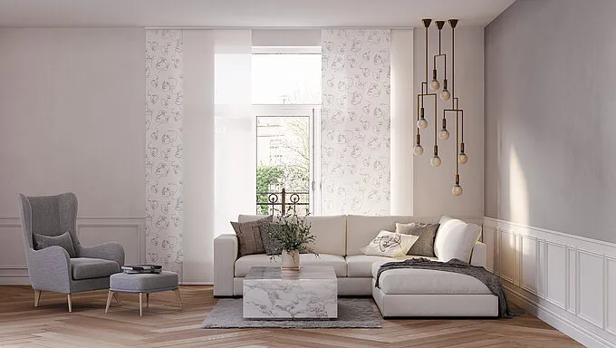 Wunderschöne Wohnzimmer Flächenvorhänge für Stil und Sichtschutz