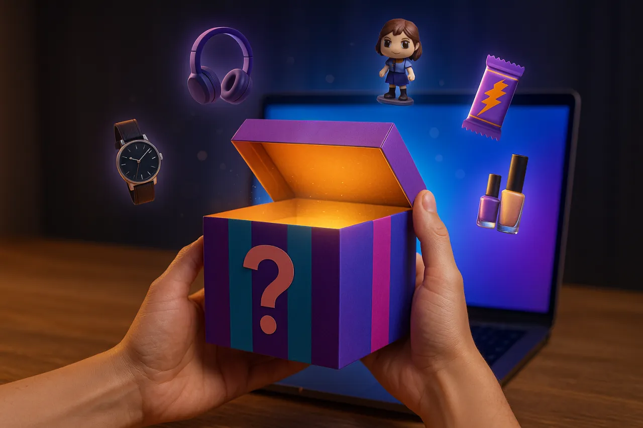Mystery box z kosmetykami, słuchawkami, zegarkiem i figurką na tle laptopa.