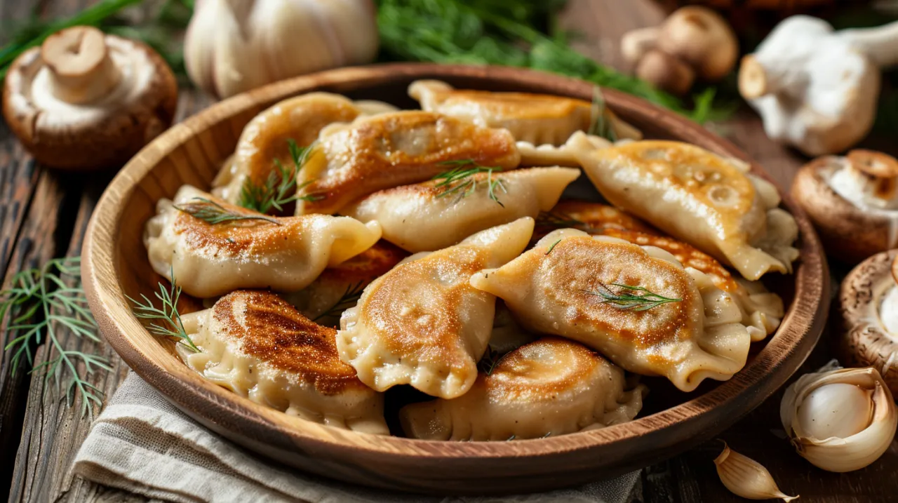 Pierogi z kaszą gryczaną, pieczarkami i cebulą