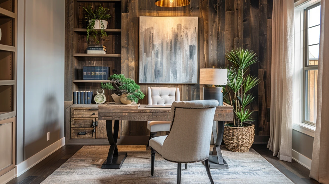 Przytulna aranżacja wnętrza z drewnianą ścianą w salonie