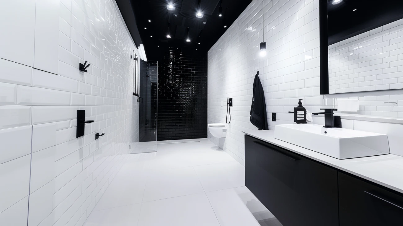 Biała łazienka czarne dodatki: Kontrastowe połączenie kolorów 