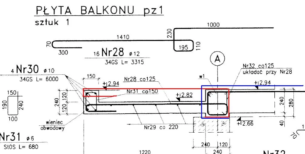 Zbrojenie balkonu: Kompletny rysunek techniczny z opisem