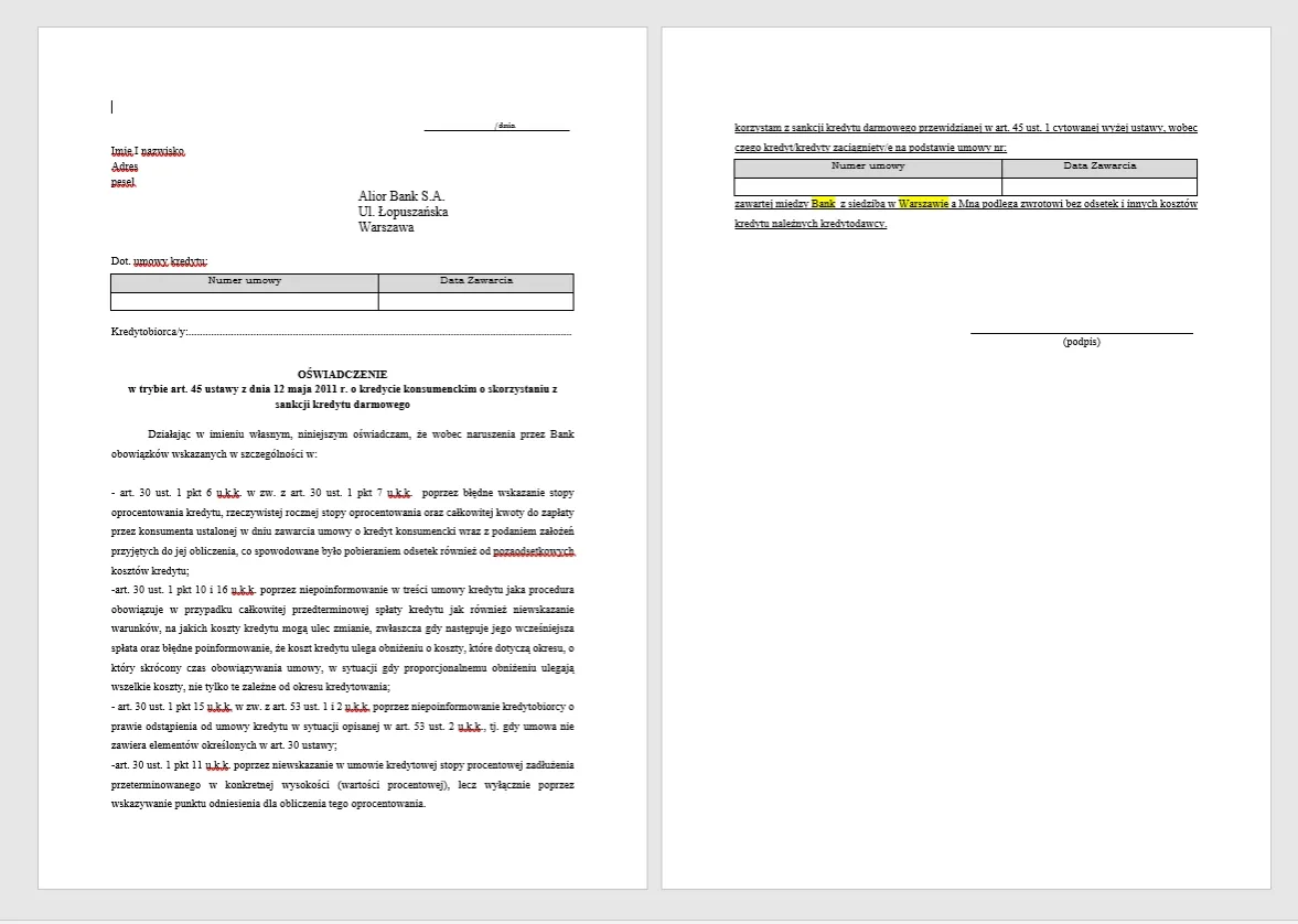 Sankcja kredytu darmowego - gotowy wzór oświadczenia do pobrania