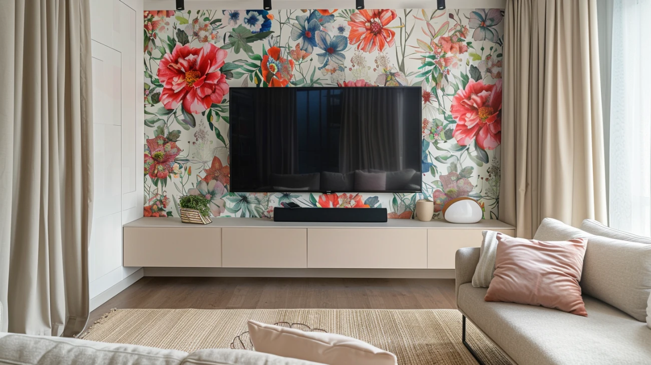 Efektowna dekoracja salonu - fototapeta umieszczona za telewizorem