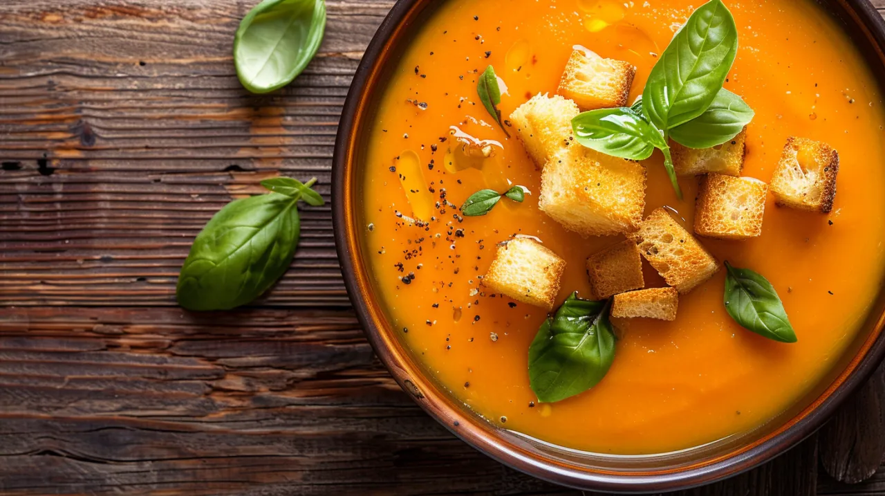 Zupa z batatów, soczewicy i pomidorów z grzankami